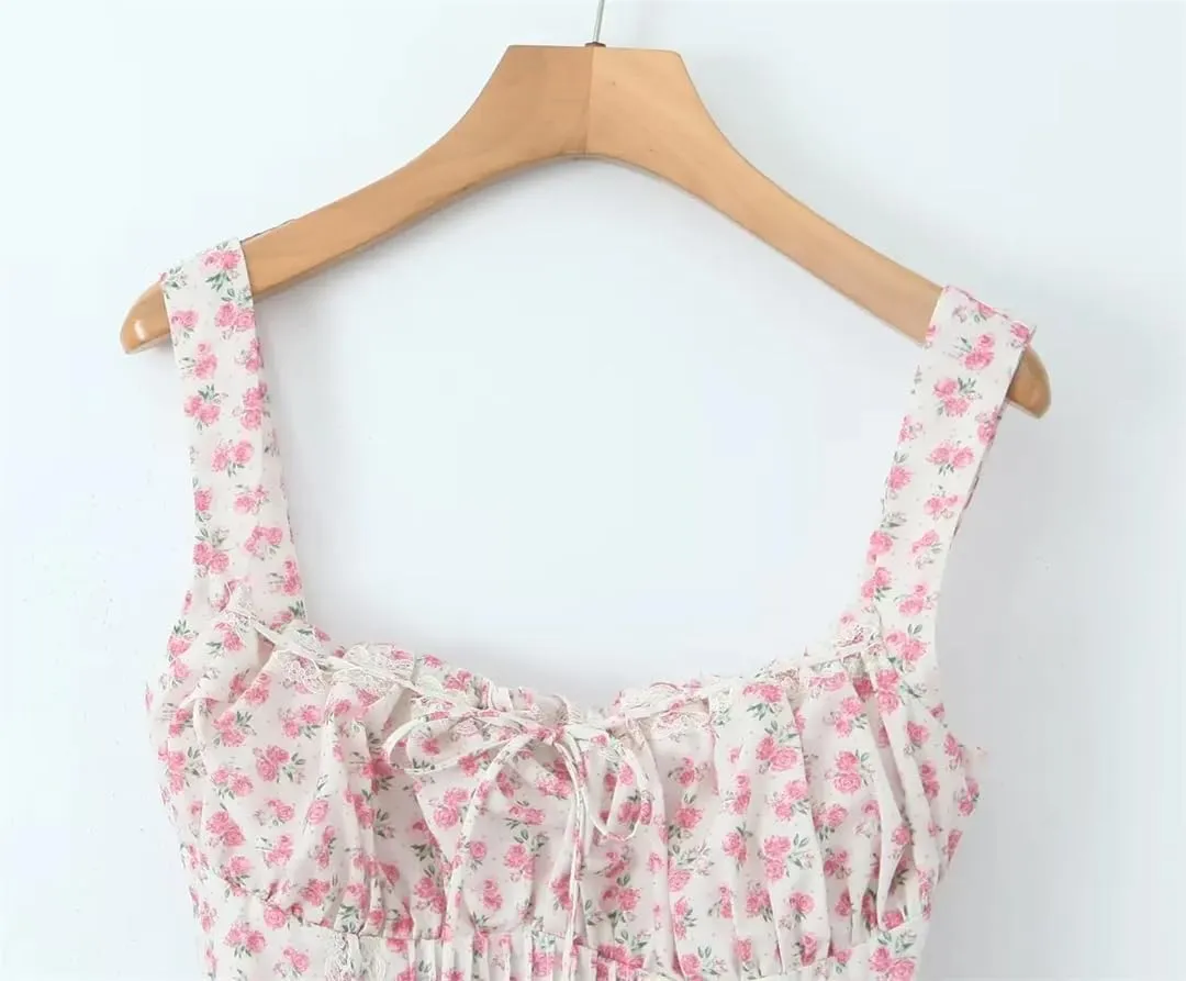 Women Lace Trim Floral Print Mini Dress Low Waist Square Neck Female Party Dress Holiday Robe