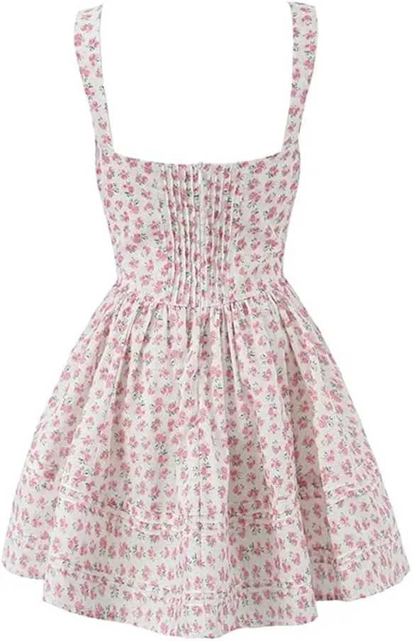 Women Lace Trim Floral Print Mini Dress Low Waist Square Neck Female Party Dress Holiday Robe