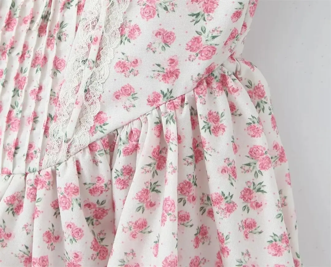 Women Lace Trim Floral Print Mini Dress Low Waist Square Neck Female Party Dress Holiday Robe