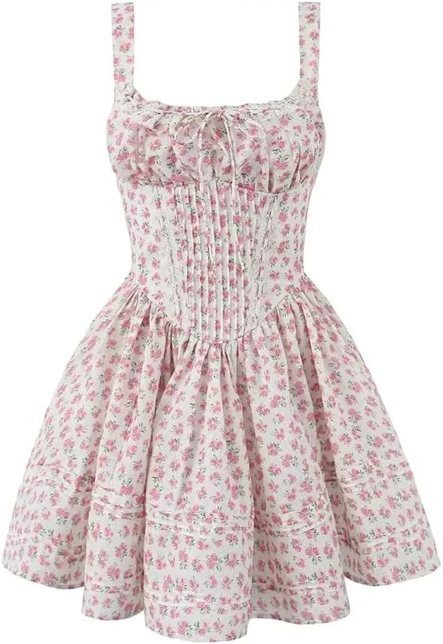 Women Lace Trim Floral Print Mini Dress Low Waist Square Neck Female Party Dress Holiday Robe