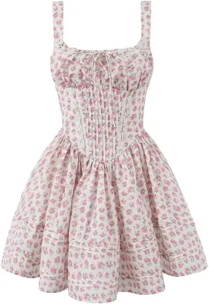 Women Lace Trim Floral Print Mini Dress Low Waist Square Neck Female Party Dress Holiday Robe