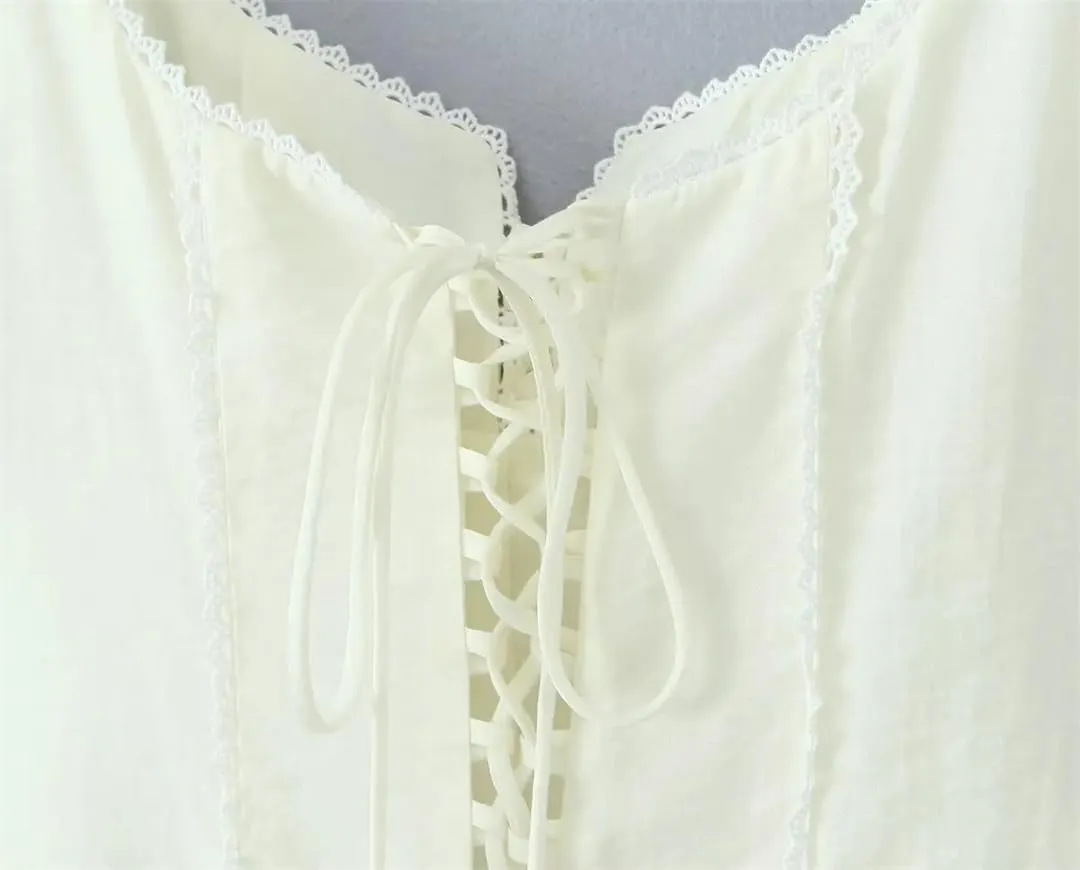 Women Lace Trim Patchwork Mini Dress Spaghetti Straps Lacing Up A-Line Short Holiday Dresses