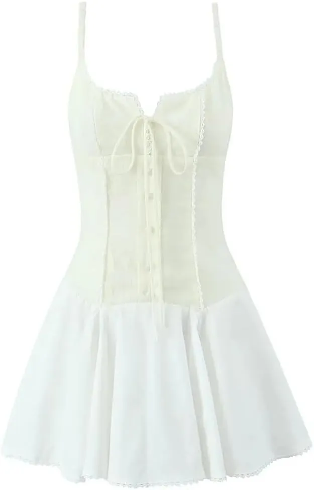 Women Lace Trim Patchwork Mini Dress Spaghetti Straps Lacing Up A-Line Short Holiday Dresses