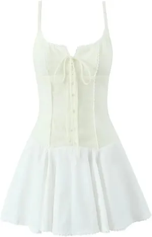 Women Lace Trim Patchwork Mini Dress Spaghetti Straps Lacing Up A-Line Short Holiday Dresses
