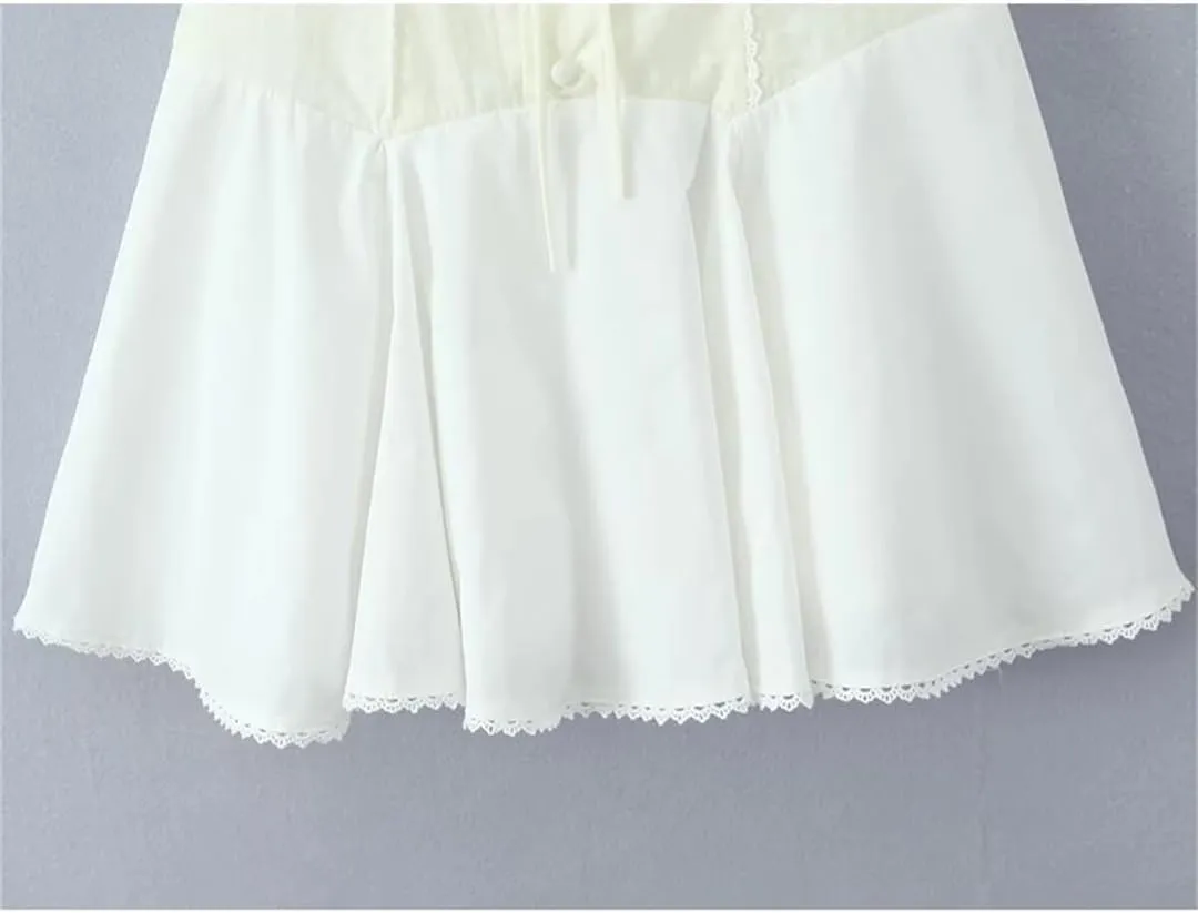 Women Lace Trim Patchwork Mini Dress Spaghetti Straps Lacing Up A-Line Short Holiday Dresses