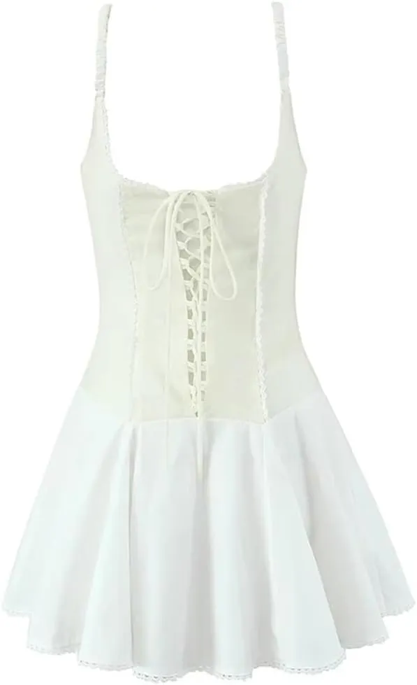 Women Lace Trim Patchwork Mini Dress Spaghetti Straps Lacing Up A-Line Short Holiday Dresses