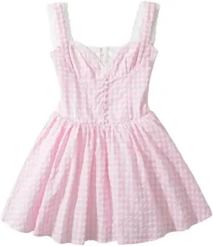 Women Lace Trim Plaid Mini Dress Sleeveless Backless V Neck Sexy Holiday Party Dresses