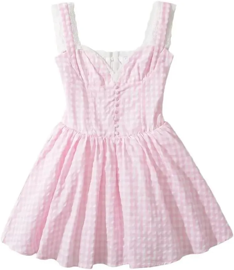 Women Lace Trim Plaid Mini Dress Sleeveless Backless V Neck Sexy Holiday Party Dresses