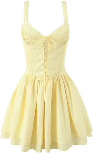 Women Lace Up Spaghetti Straps Dress Solid Sexy Sleeveless Party A-Line Mini Dresses Summer