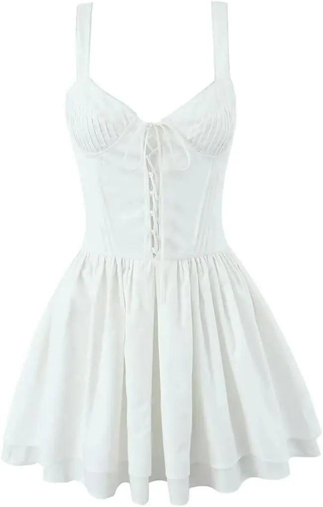 Women Lace Up Spaghetti Straps Dress Solid Sexy Sleeveless Party A-Line Mini Dresses Summer