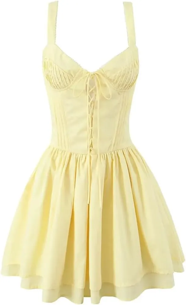 Women Lace Up Spaghetti Straps Dress Solid Sexy Sleeveless Party A-Line Mini Dresses Summer