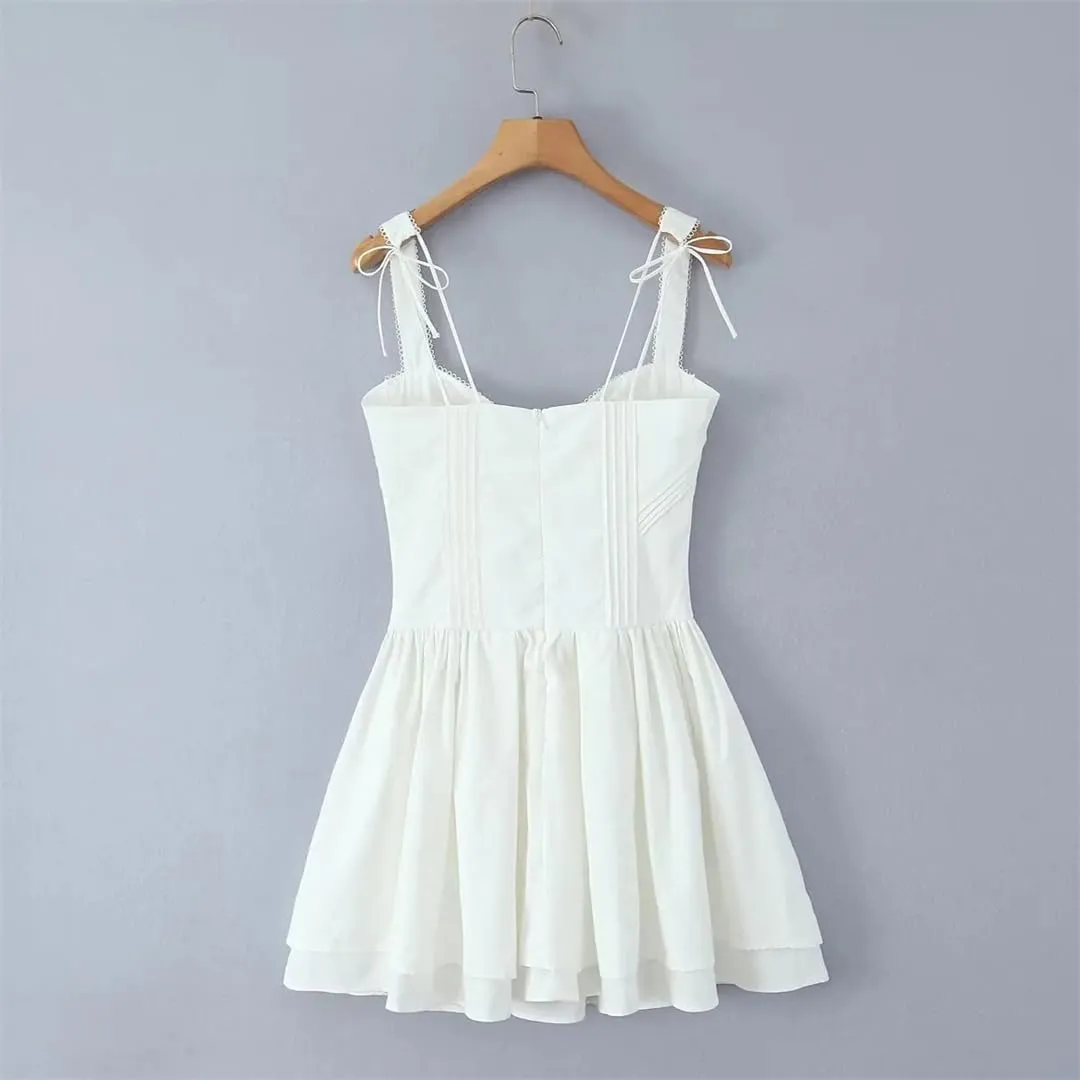 Women Lace Up Spaghetti Straps Dress Solid Sexy Sleeveless Party A-Line Mini Dresses Summer