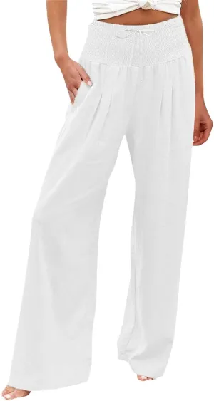 Women Linen Palazzo Pants Summer Boho Wide Leg High Waisted Casual Long Lounge Pants Beach Travel Vacation Trousers