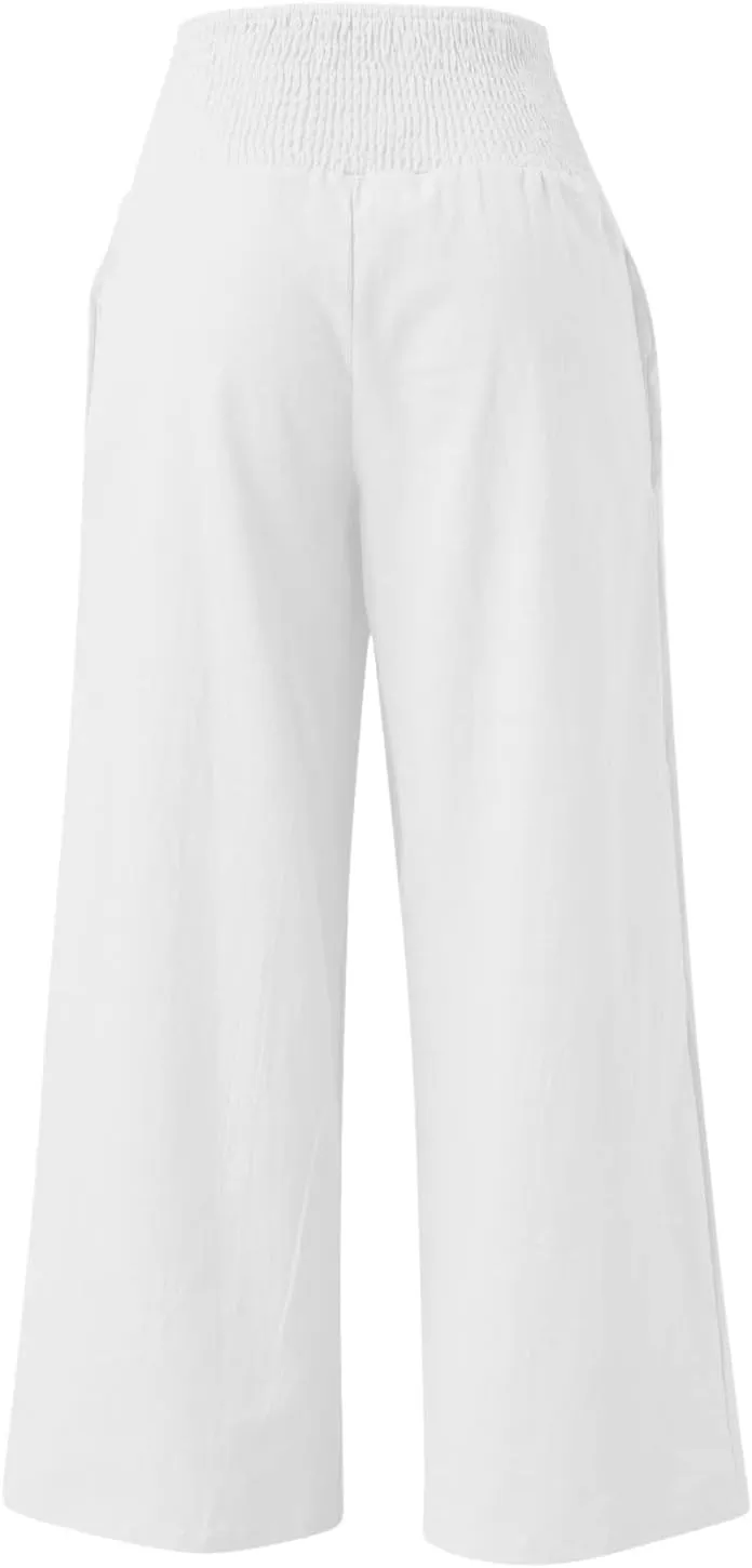 Women Linen Palazzo Pants Summer Boho Wide Leg High Waisted Casual Long Lounge Pants Beach Travel Vacation Trousers
