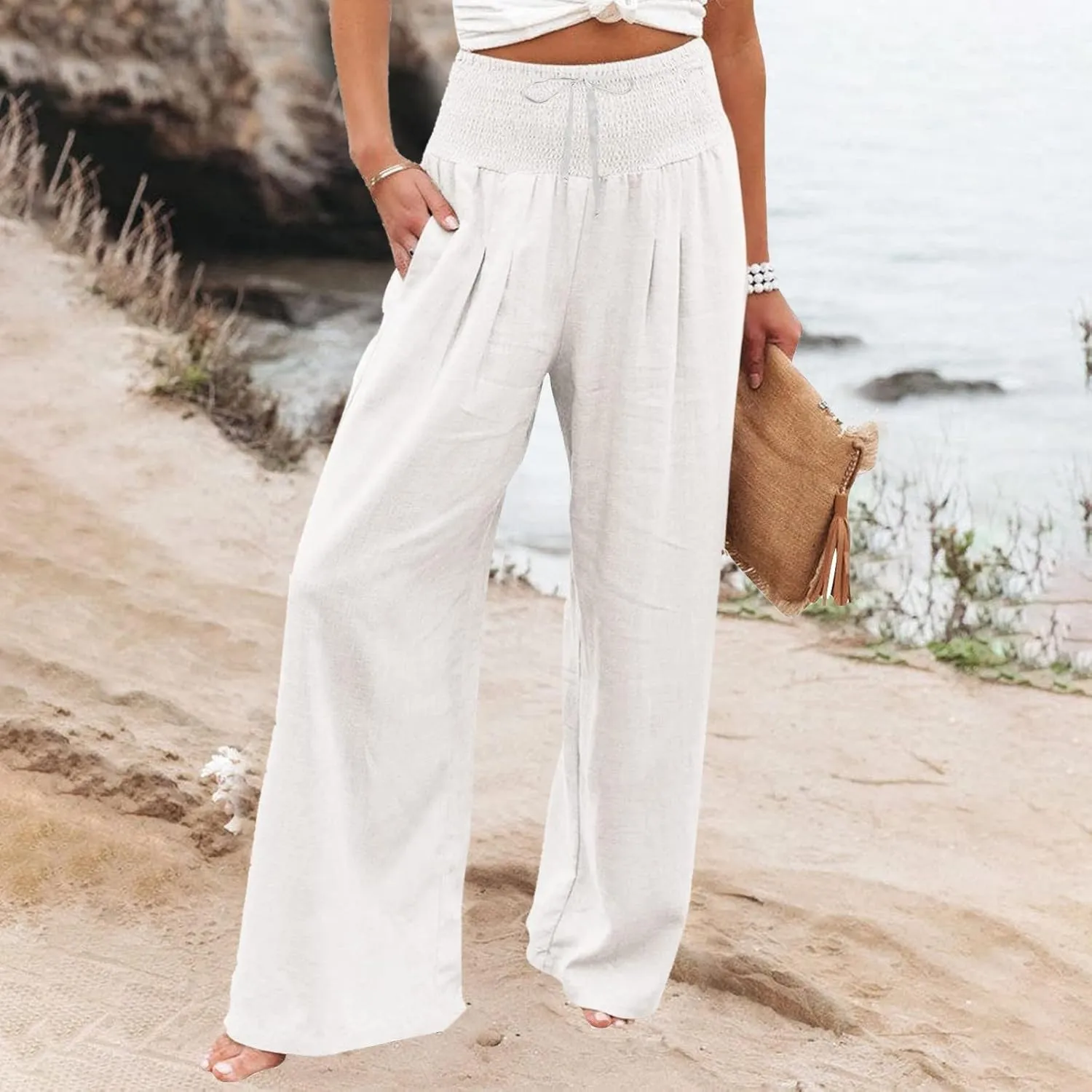 Women Linen Palazzo Pants Summer Boho Wide Leg High Waisted Casual Long Lounge Pants Beach Travel Vacation Trousers