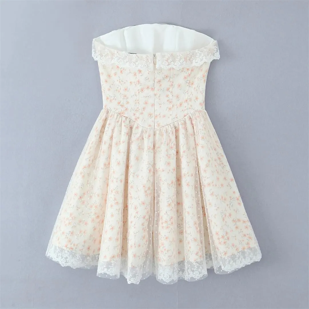 Women Mesh Strapless Mini Dress Floral Print Sleeveless Lace Up Bandage Birthday Party Dresses
