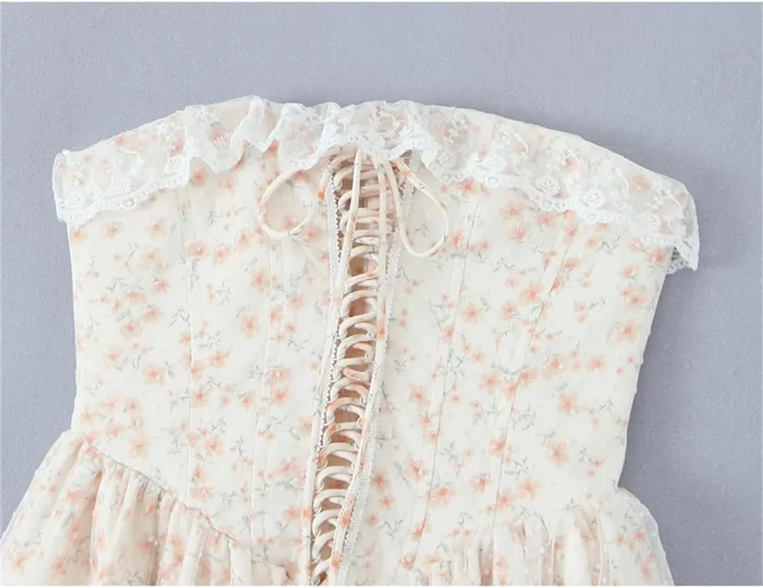 Women Mesh Strapless Mini Dress Floral Print Sleeveless Lace Up Bandage Birthday Party Dresses