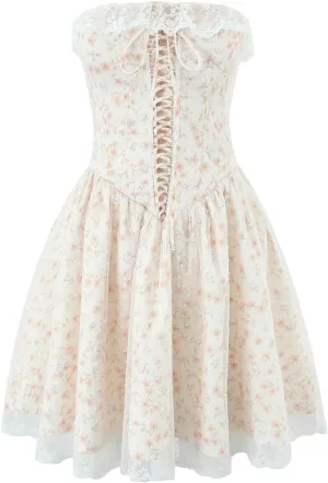 Women Mesh Strapless Mini Dress Floral Print Sleeveless Lace Up Bandage Birthday Party Dresses