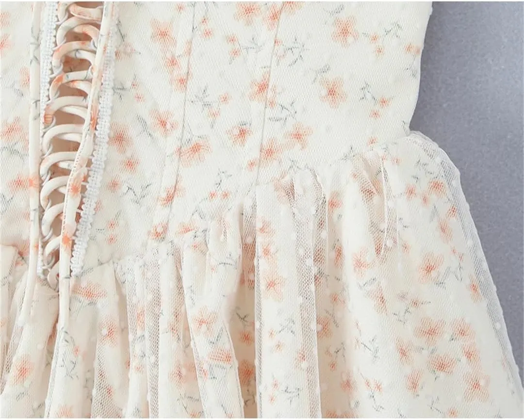 Women Mesh Strapless Mini Dress Floral Print Sleeveless Lace Up Bandage Birthday Party Dresses