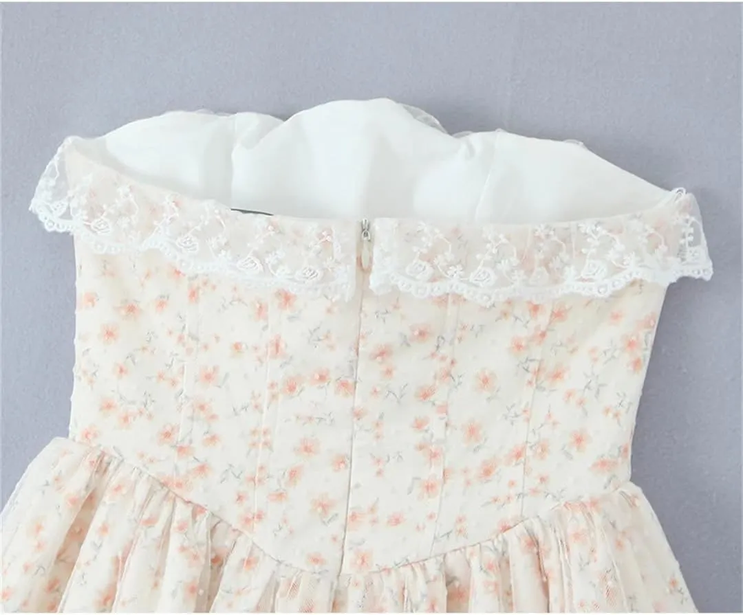 Women Mesh Strapless Mini Dress Floral Print Sleeveless Lace Up Bandage Birthday Party Dresses
