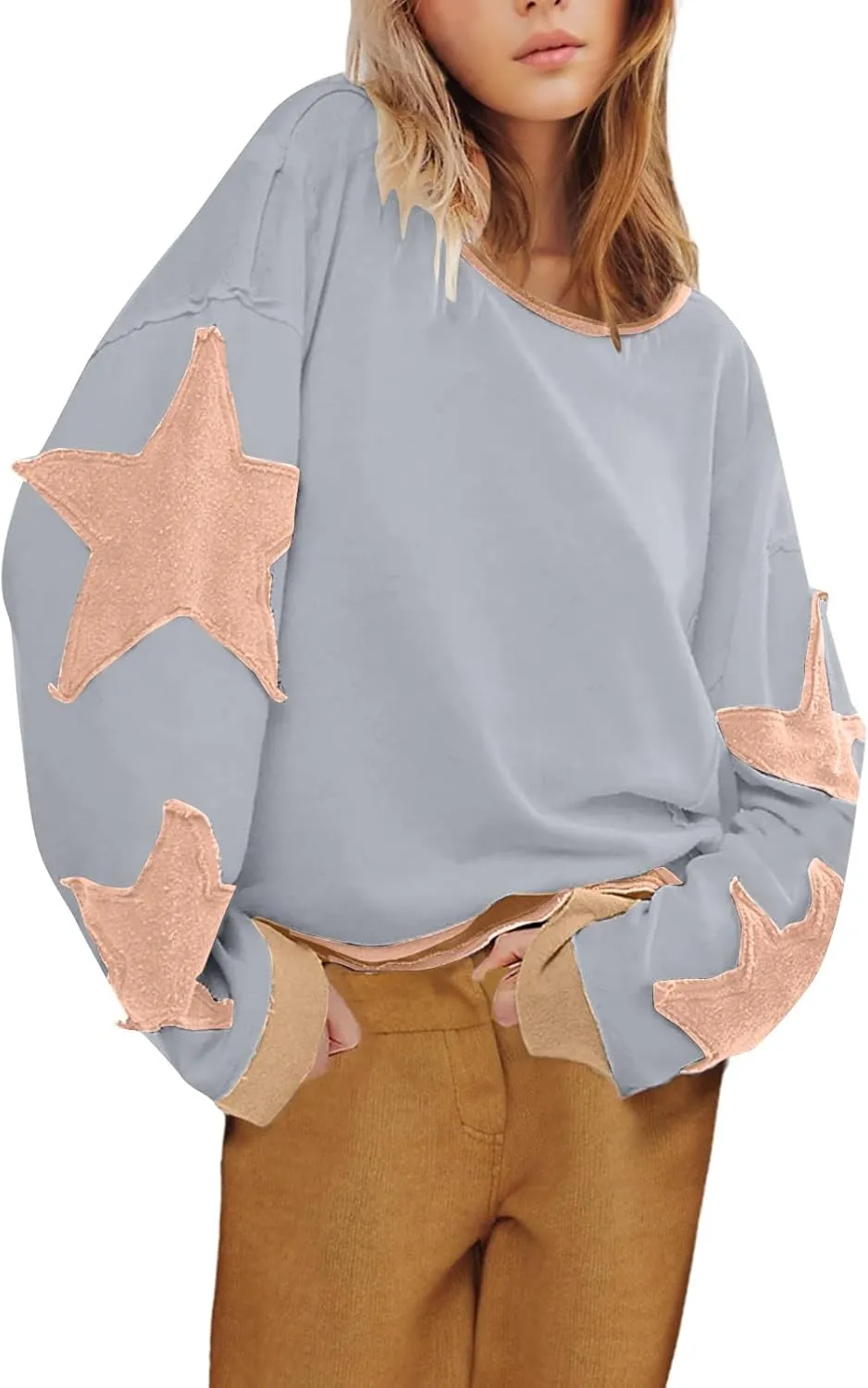 Women Oversize Sweatshirts Crewneck Long Sleeve Star Print Casual Loose Pullover Fall Fashion 2024 Clothes Tops