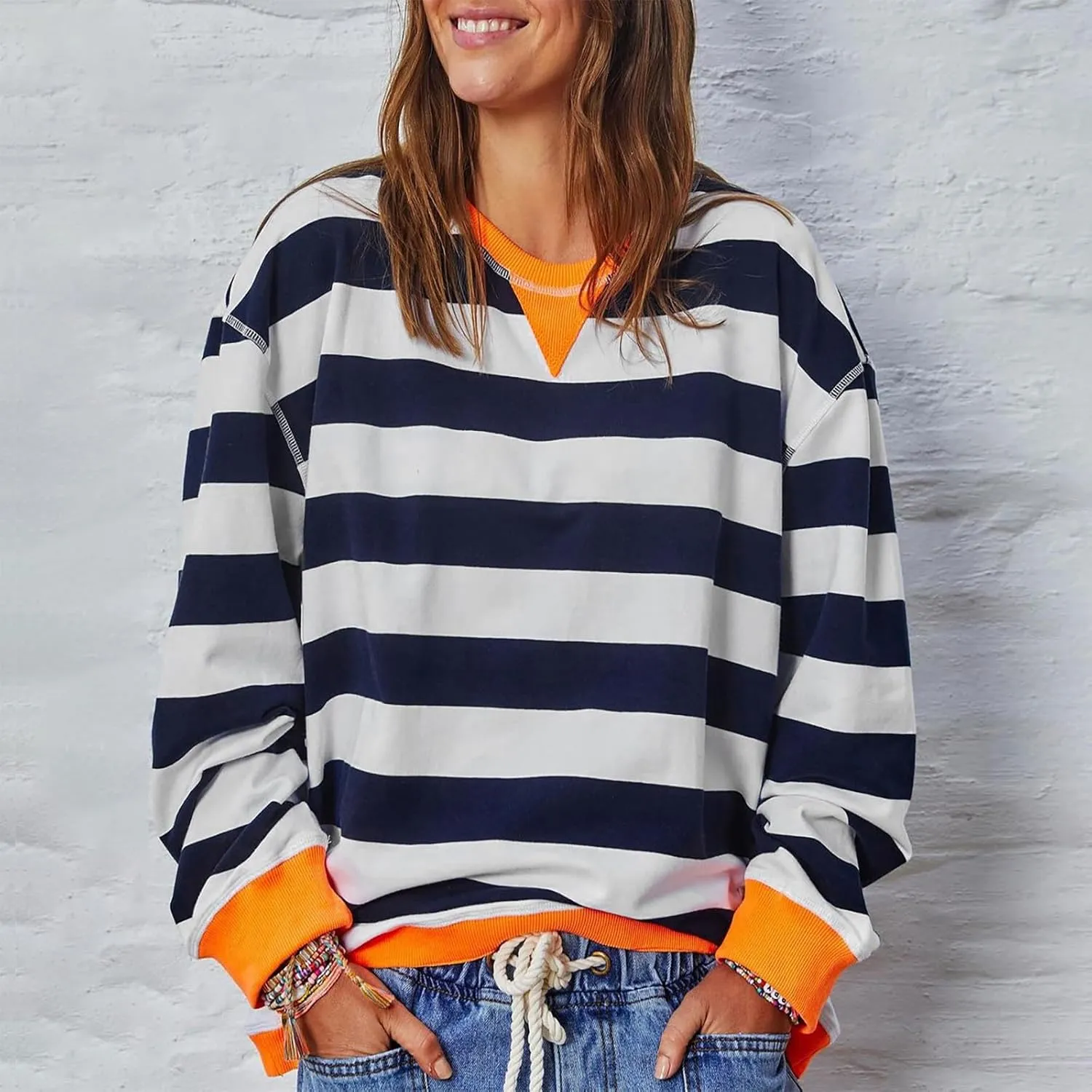Women Oversized Sweatshirt Long Sleeve Crewneck Color Block Striped Pullover Tops