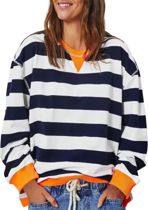 Women Oversized Sweatshirt Long Sleeve Crewneck Color Block Striped Pullover Tops