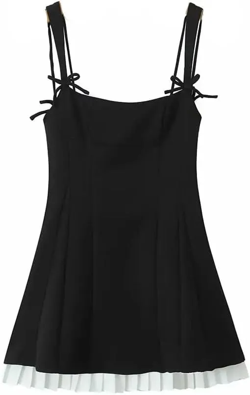 Women Patchwork Pleated Hem Dress Sexy Spaghetti Straps A-Line Slim Casual Mini Dresses