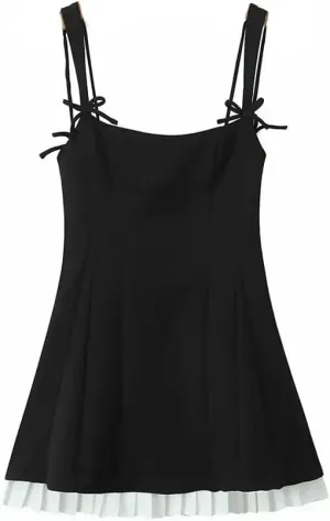 Women Patchwork Pleated Hem Dress Sexy Spaghetti Straps A-Line Slim Casual Mini Dresses