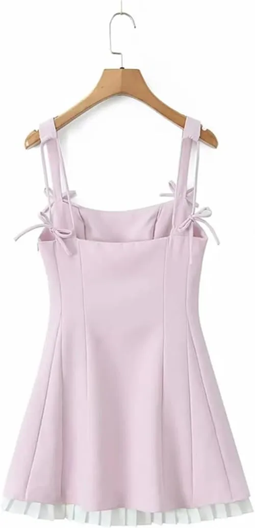 Women Patchwork Pleated Hem Dress Sexy Spaghetti Straps A-Line Slim Casual Mini Dresses