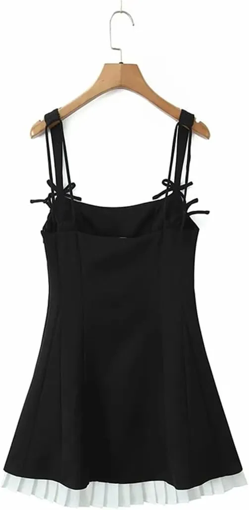 Women Patchwork Pleated Hem Dress Sexy Spaghetti Straps A-Line Slim Casual Mini Dresses