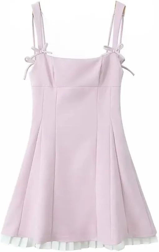 Women Patchwork Pleated Hem Dress Sexy Spaghetti Straps A-Line Slim Casual Mini Dresses