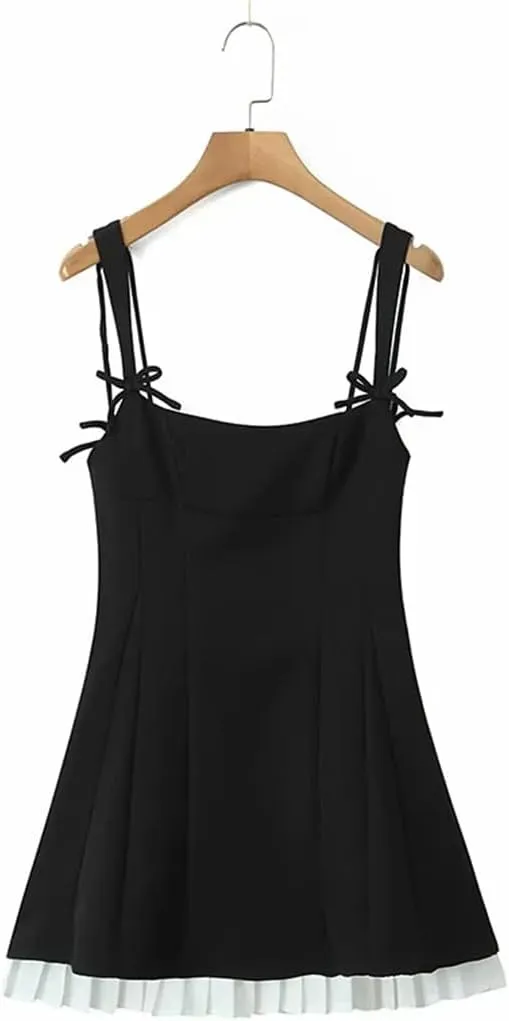 Women Patchwork Pleated Hem Dress Sexy Spaghetti Straps A-Line Slim Casual Mini Dresses
