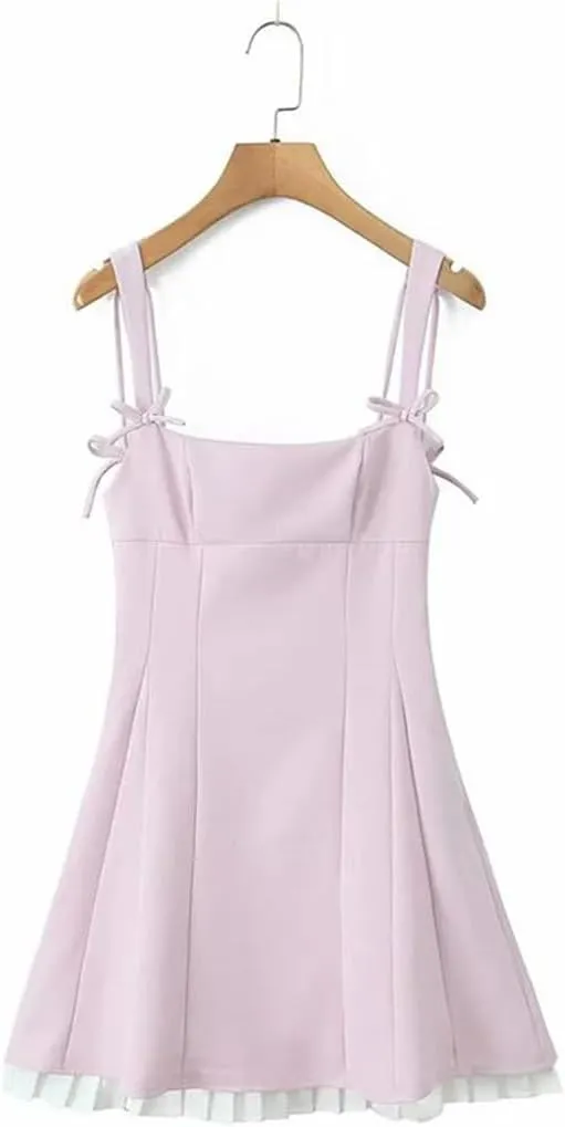 Women Patchwork Pleated Hem Dress Sexy Spaghetti Straps A-Line Slim Casual Mini Dresses