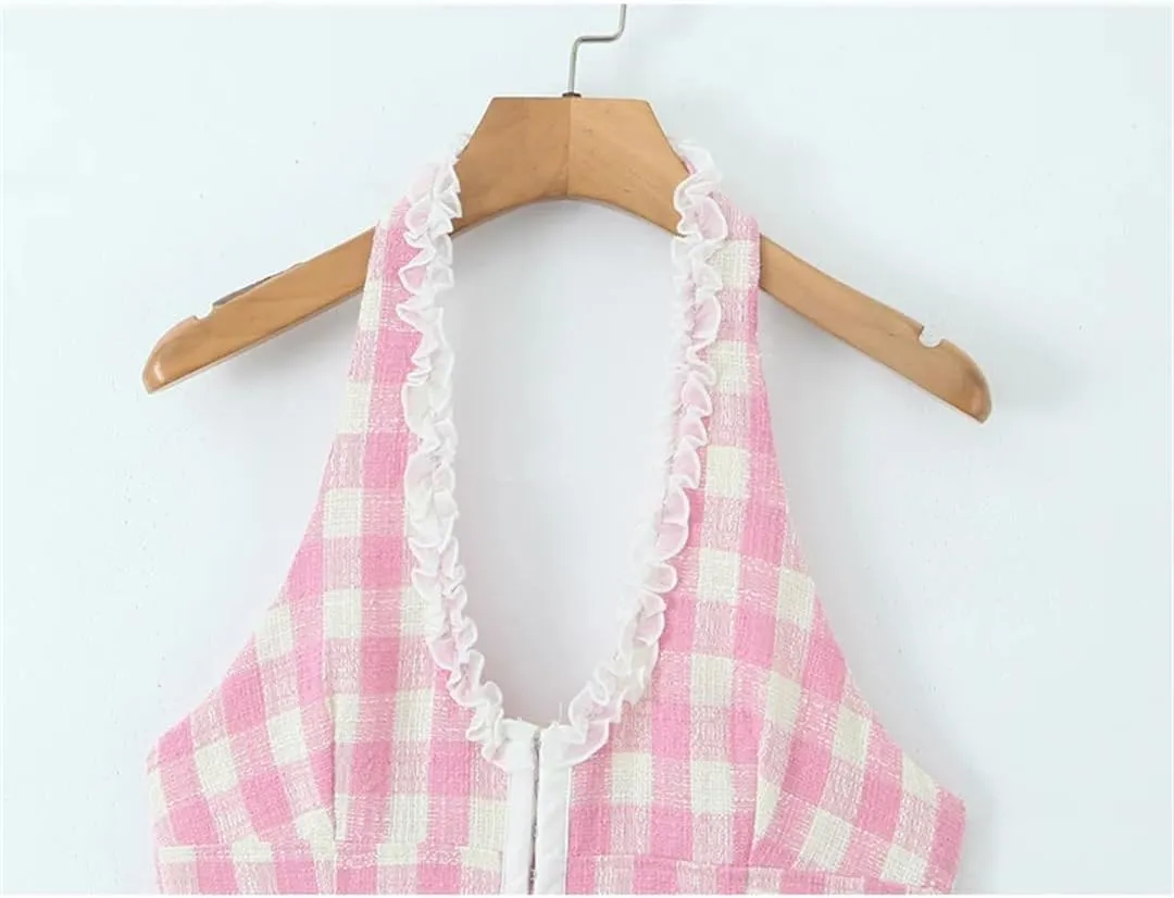 Women Plaid Deep V Halters Mini Dress Sexy Backless Sleeveless Dropped A-Line Holiday Dresses