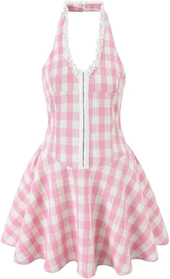 Women Plaid Deep V Halters Mini Dress Sexy Backless Sleeveless Dropped A-Line Holiday Dresses
