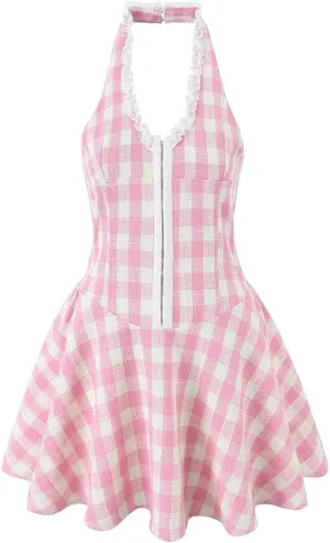 Women Plaid Deep V Halters Mini Dress Sexy Backless Sleeveless Dropped A-Line Holiday Dresses