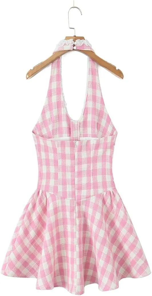 Women Plaid Deep V Halters Mini Dress Sexy Backless Sleeveless Dropped A-Line Holiday Dresses