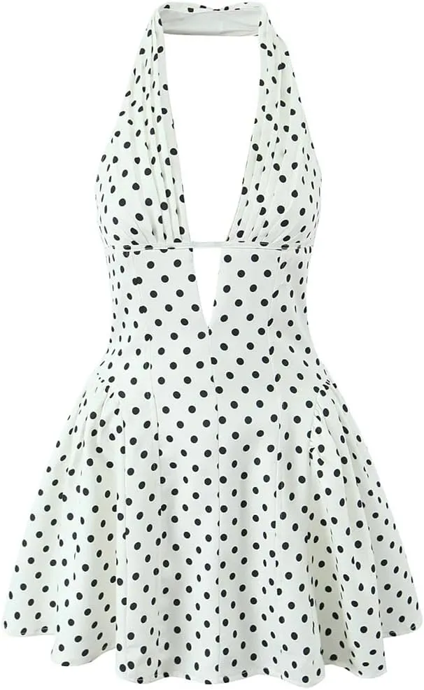 Women Polka Dot Deep V Halters Dress Vintage Backless Sleeveless A-Line Slim Mini Dresses