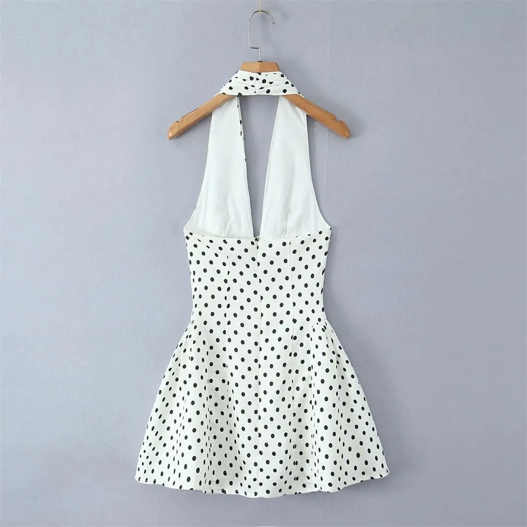 Women Polka Dot Deep V Halters Dress Vintage Backless Sleeveless A-Line Slim Mini Dresses