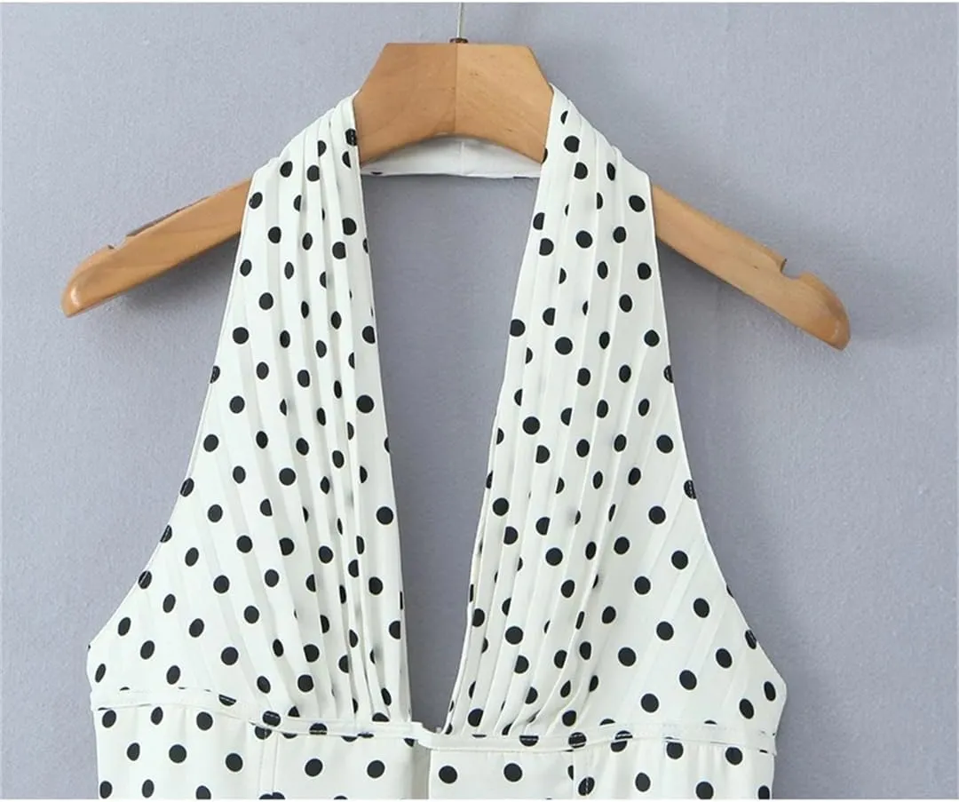 Women Polka Dot Deep V Halters Dress Vintage Backless Sleeveless A-Line Slim Mini Dresses