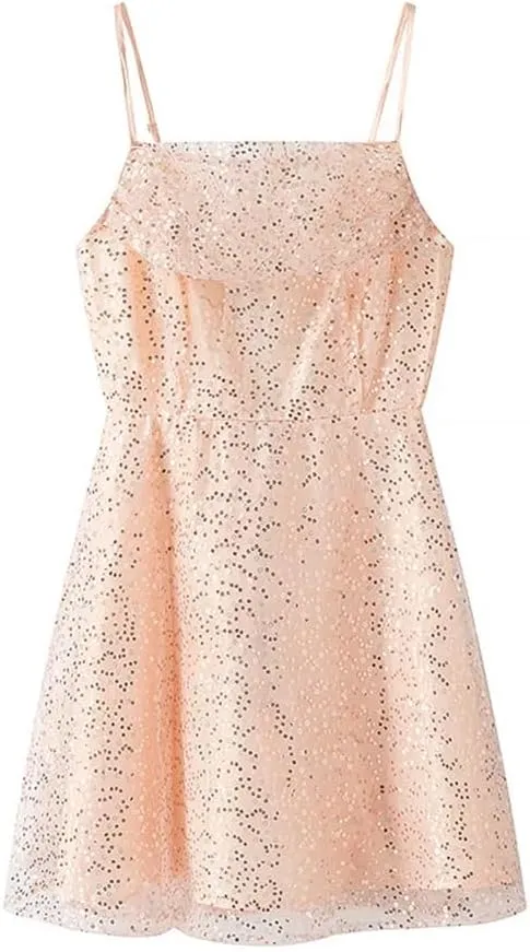 Women Sequin Spaghetti Straps Mini Dress Sexy Backless Sleeveless A-Line Party Short Dresses