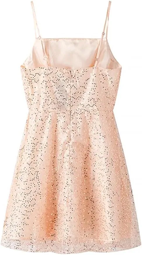 Women Sequin Spaghetti Straps Mini Dress Sexy Backless Sleeveless A-Line Party Short Dresses