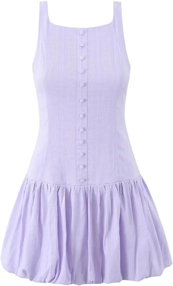 Women Sexy Backless Short Tank Dress Sleeveless Front Buttons Holiday A-Line Mini Dresses