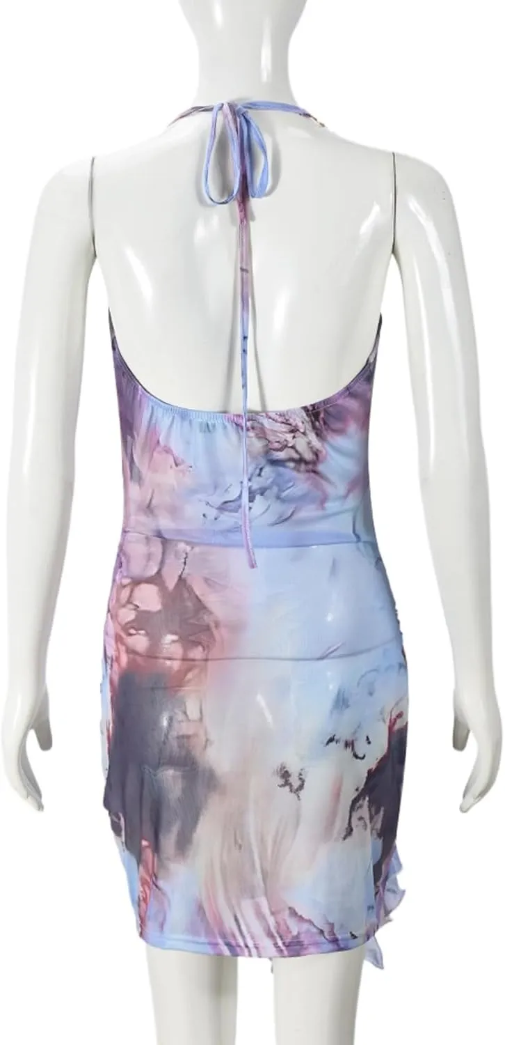 Women Sexy Halterneck Mini Dress Hollow Out Colourful Mesh Floral Dress for Beach Party Night