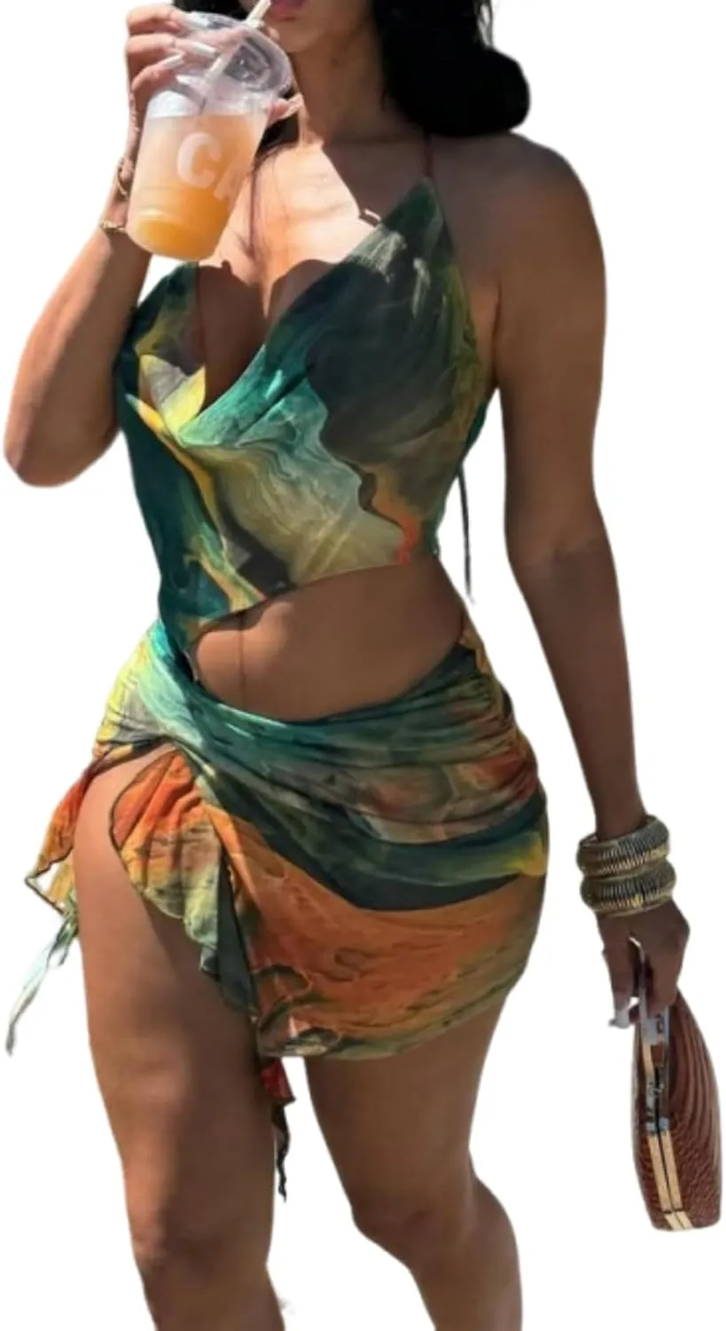 Women Sexy Halterneck Mini Dress Hollow Out Colourful Mesh Floral Dress for Beach Party Night