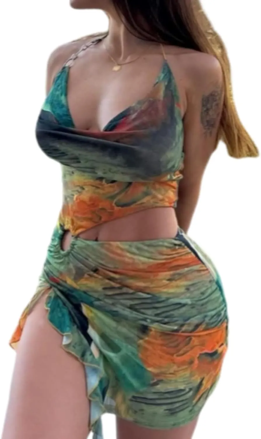 Women Sexy Halterneck Mini Dress Hollow Out Colourful Mesh Floral Dress for Beach Party Night