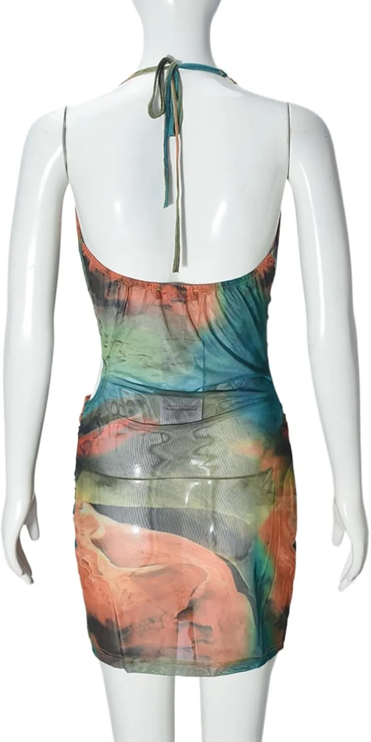 Women Sexy Halterneck Mini Dress Hollow Out Colourful Mesh Floral Dress for Beach Party Night