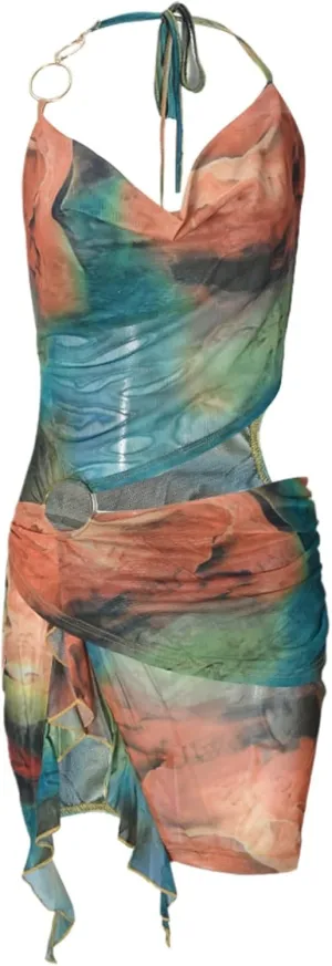 Women Sexy Halterneck Mini Dress Hollow Out Colourful Mesh Floral Dress for Beach Party Night