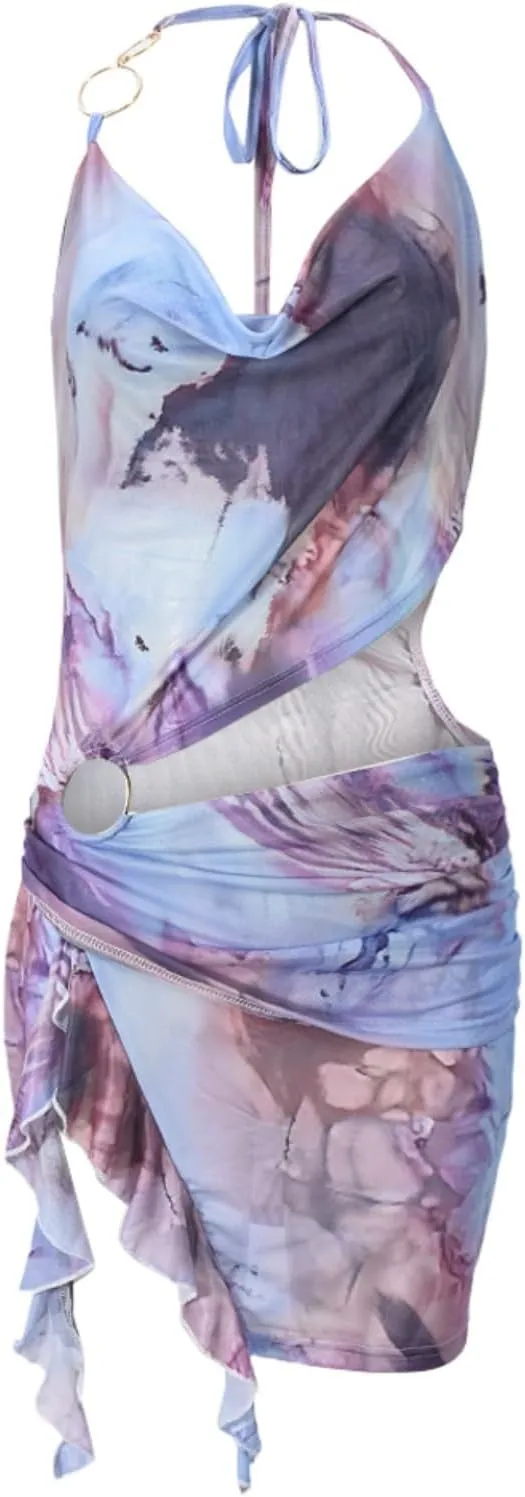 Women Sexy Halterneck Mini Dress Hollow Out Colourful Mesh Floral Dress for Beach Party Night